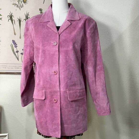 Vintage 90s Y2k Pink Suede Leather Mid Length Jacket Mod Retro Whimsy Twee S - Picture 2 of 6